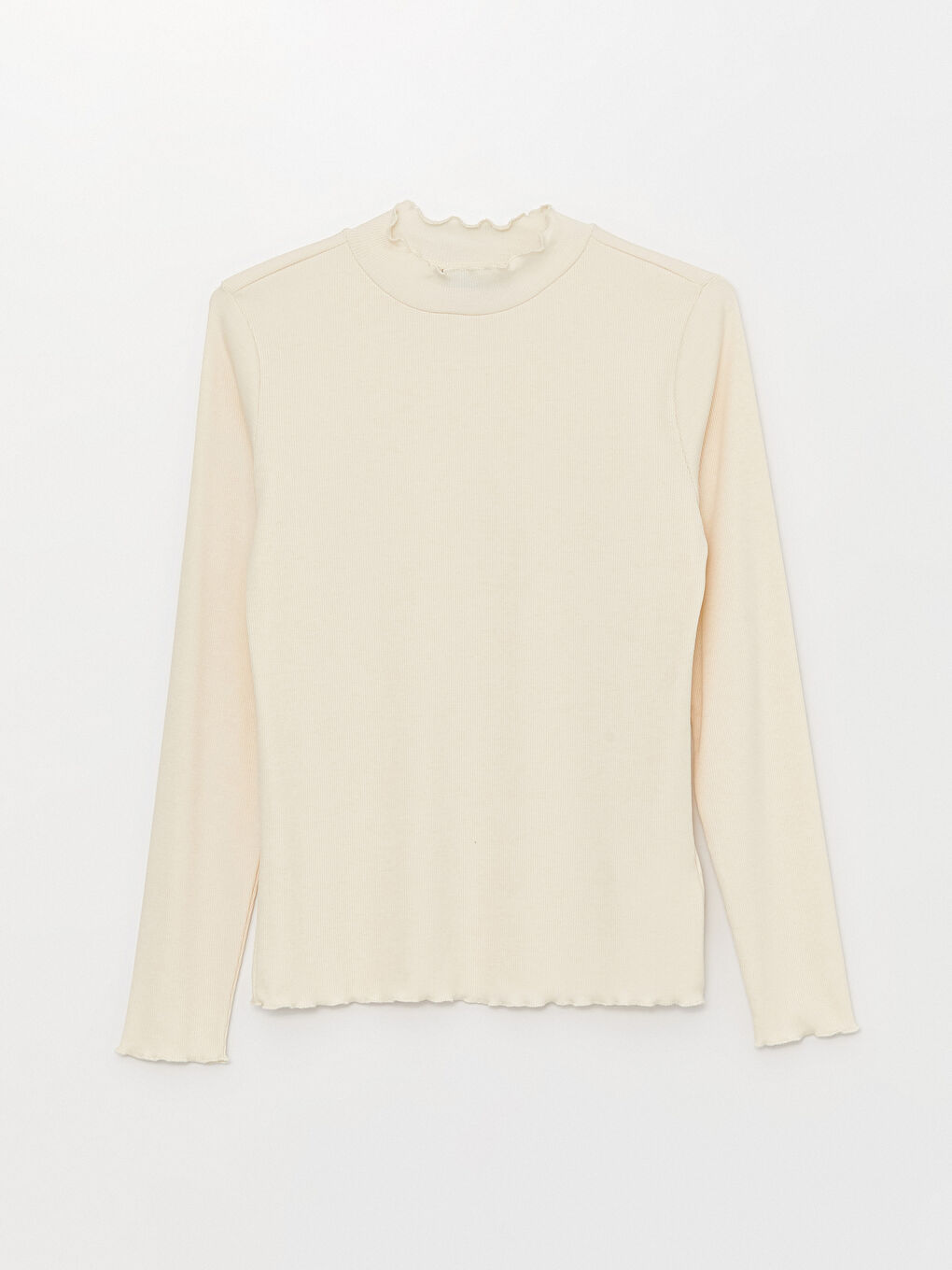 Ekru Dik Yaka Düz Uzun Kollu Kadın Tişört-5