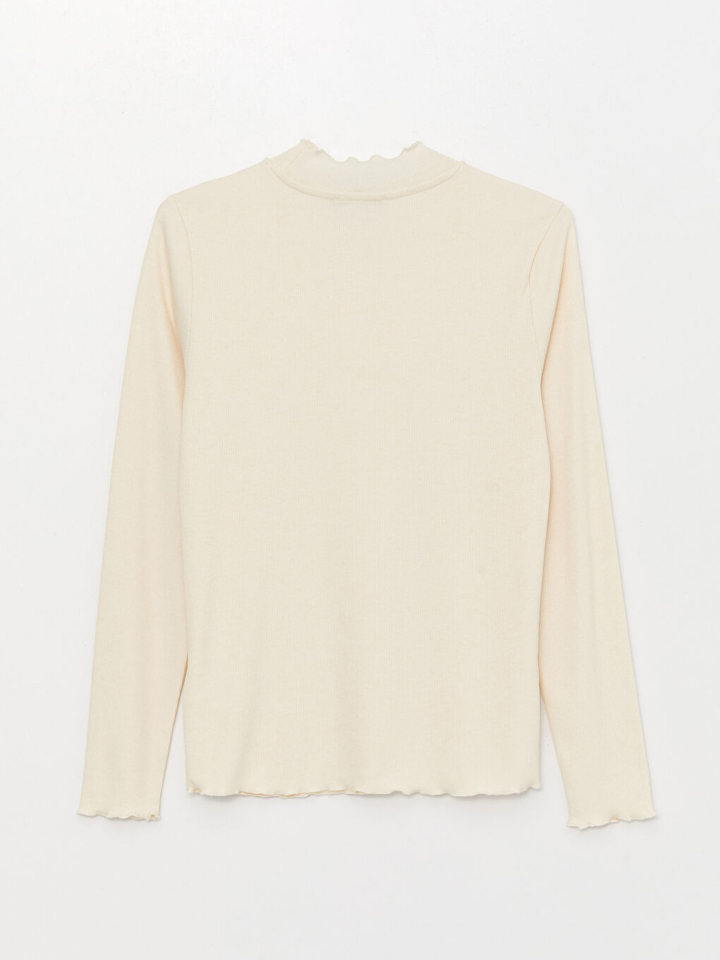 Ekru Dik Yaka Düz Uzun Kollu Kadın Tişört-6