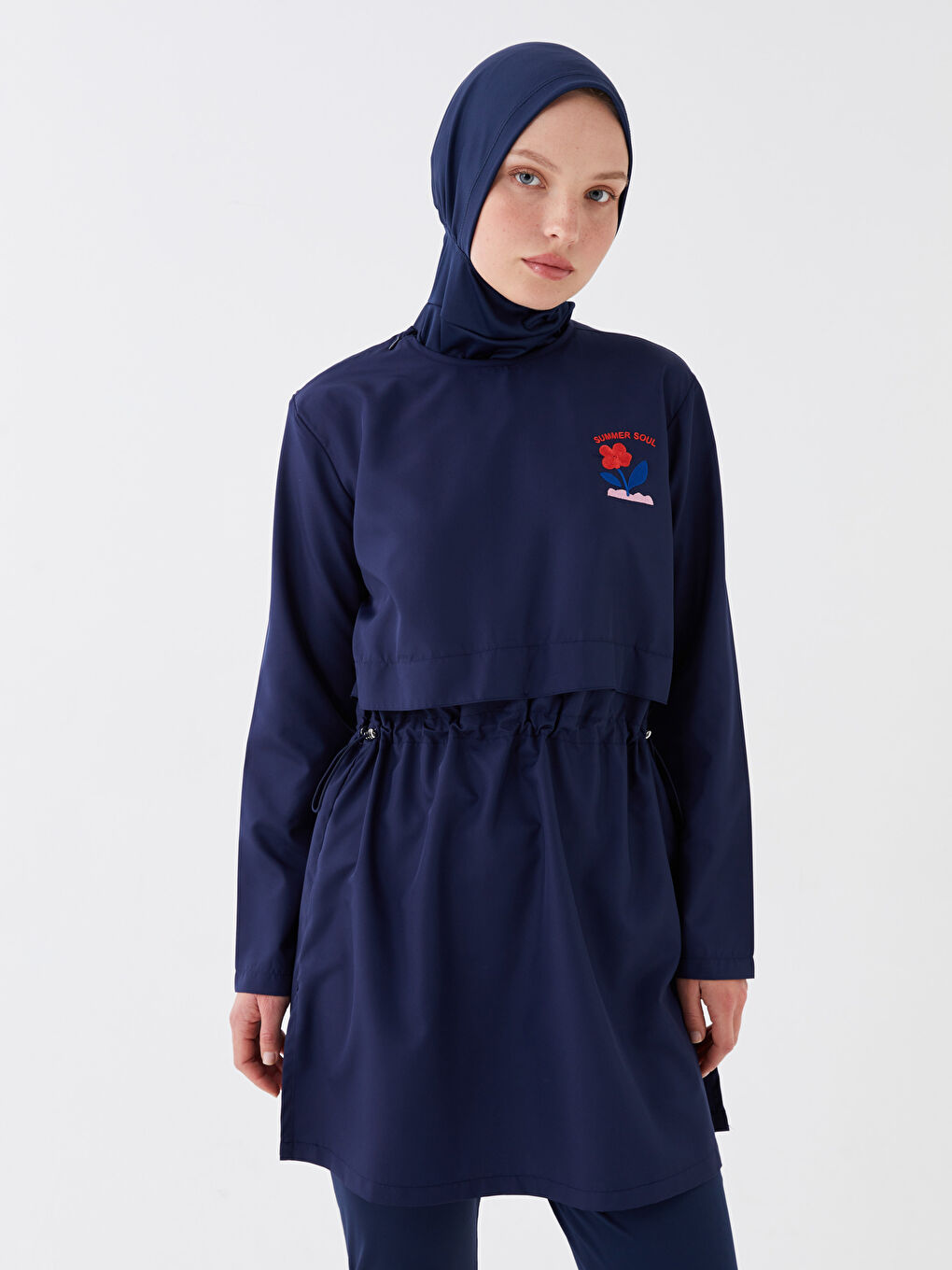 LCW Modest Mavi Bisiklet Yaka Baskılı Uzun Kollu Kadın Tesettür Mayo Takımı - 1