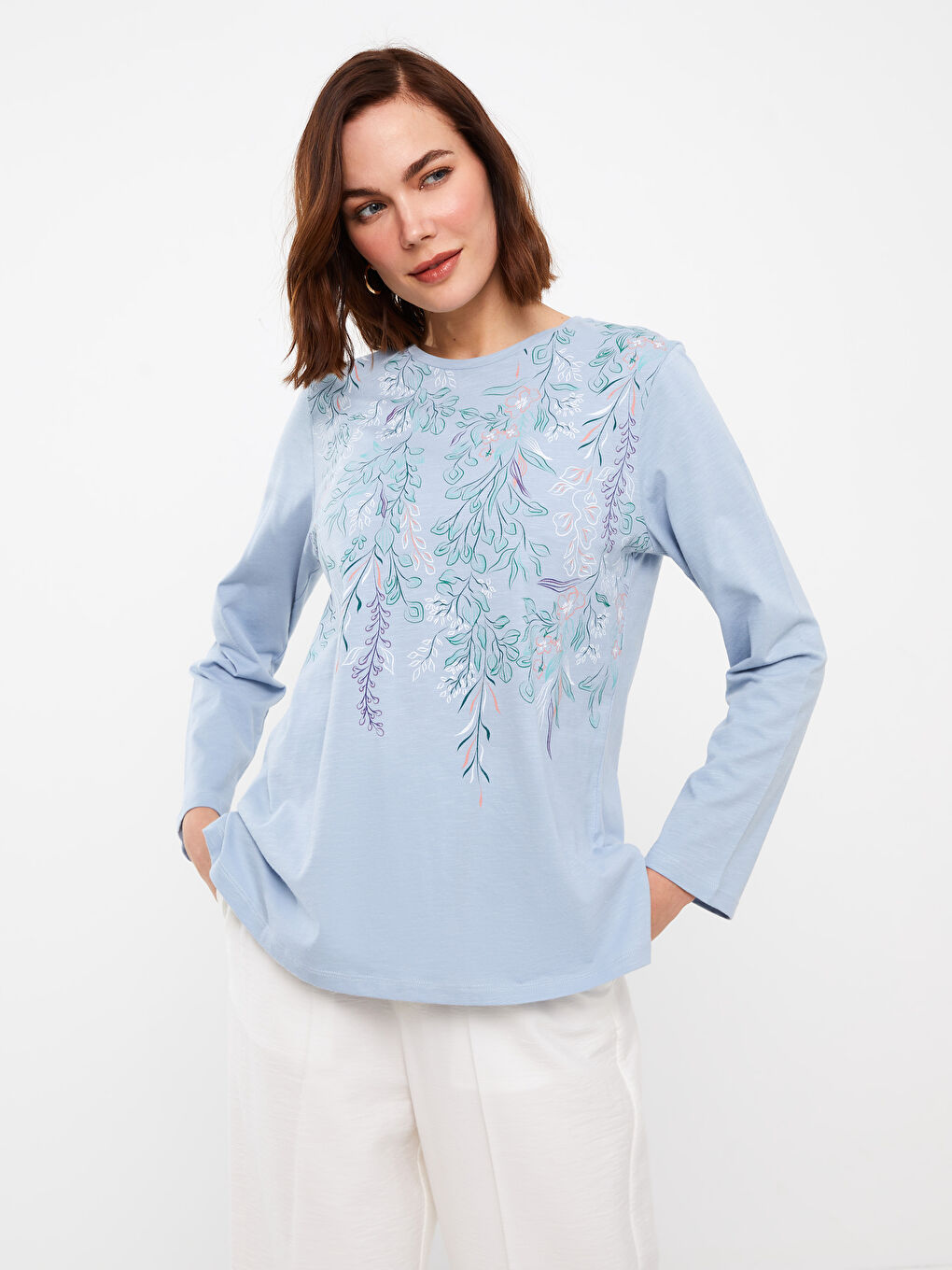 T-shirt à manches longues imprimé à col rond pour Femmes