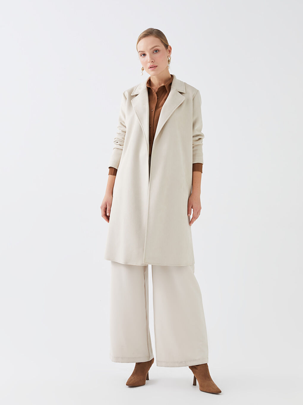 Ekru Ceket Yaka Düz Uzun Kollu Kadın Trençkot