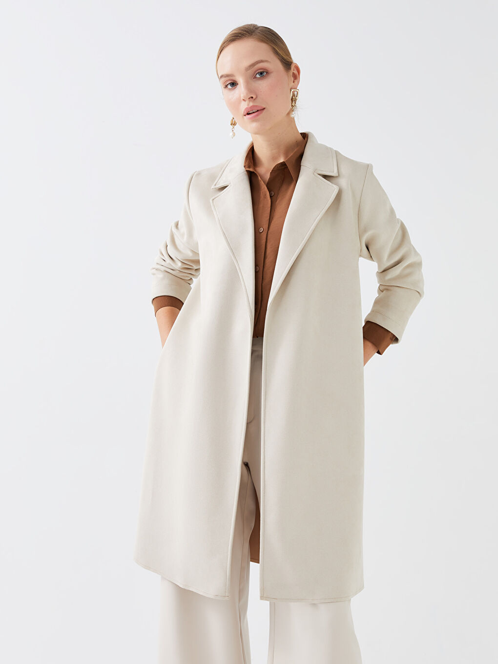 Ekru Ceket Yaka Düz Uzun Kollu Kadın Trençkot-1