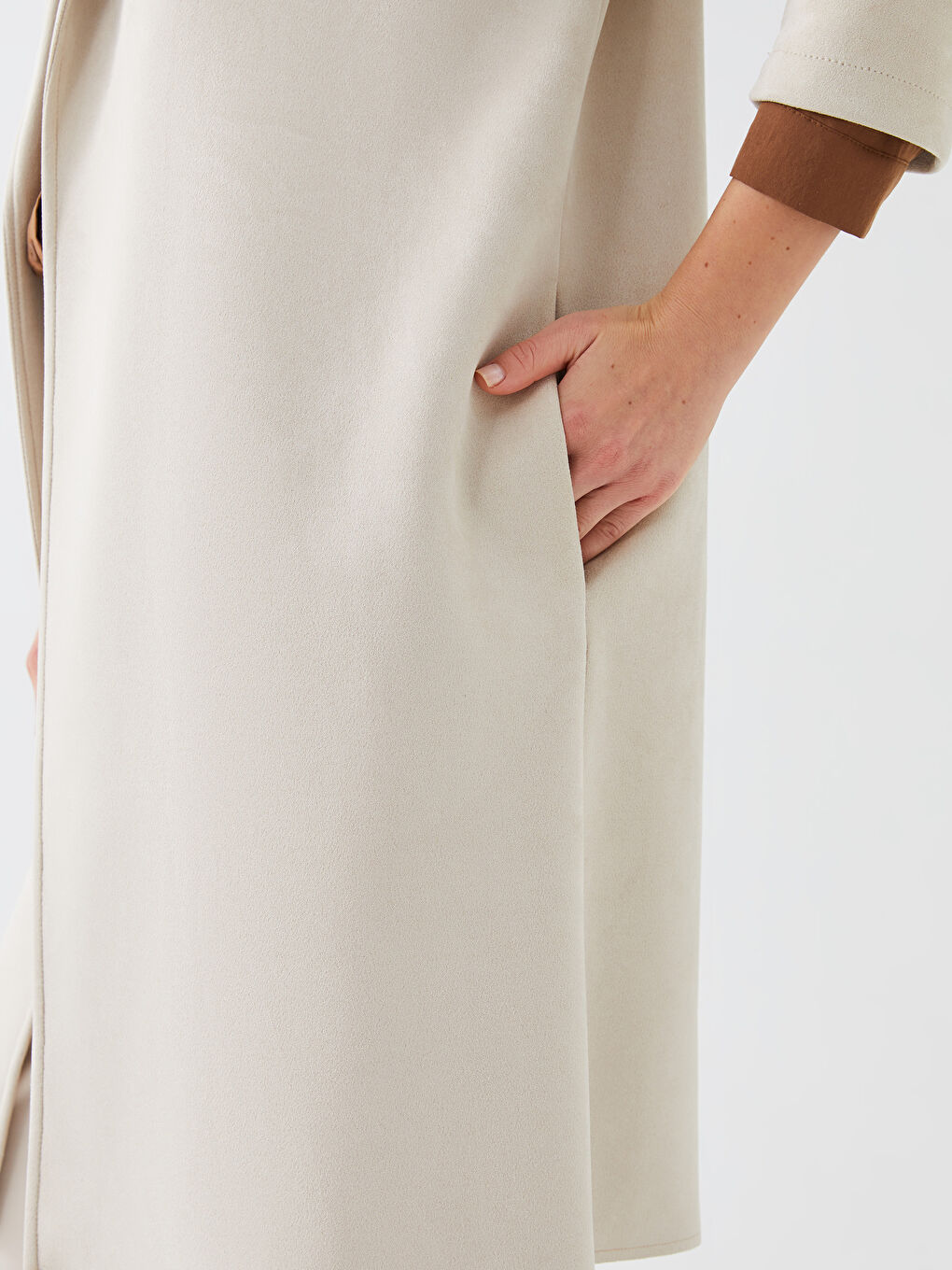 Ekru Ceket Yaka Düz Uzun Kollu Kadın Trençkot-3