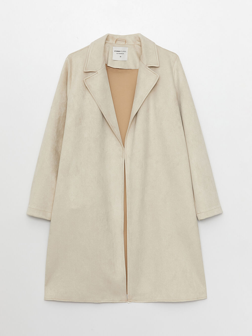 Ekru Ceket Yaka Düz Uzun Kollu Kadın Trençkot-5