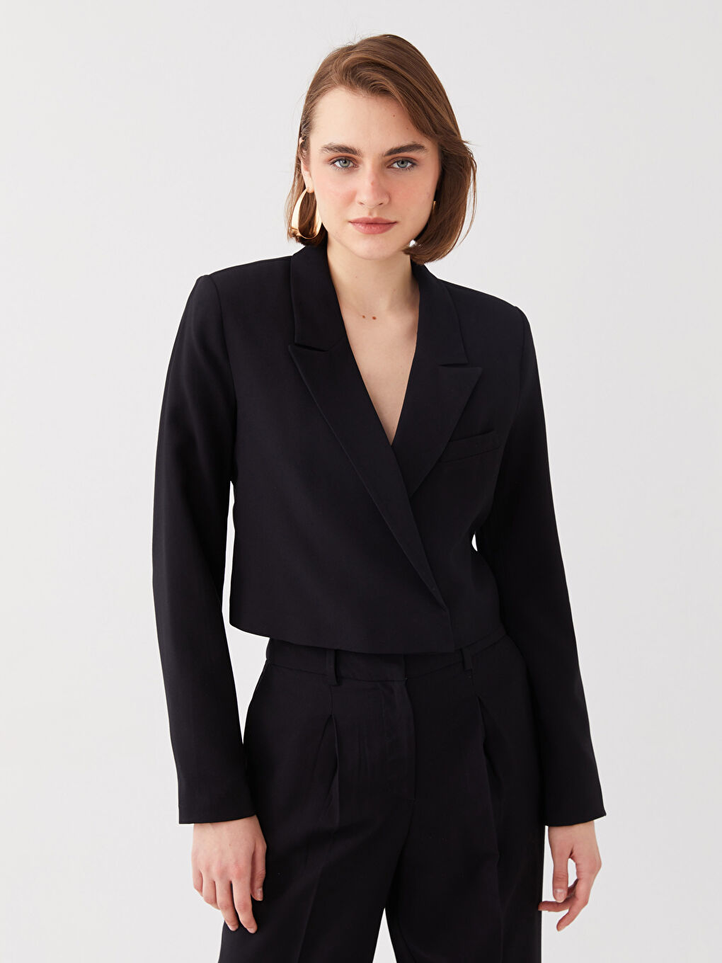 Siyah Düz Uzun Kollu Crop Kadın Blazer Ceket-1