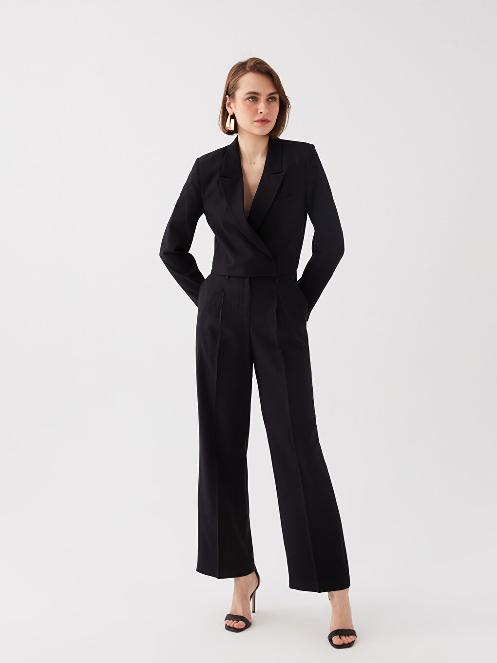 Siyah Düz Uzun Kollu Crop Kadın Blazer Ceket-2