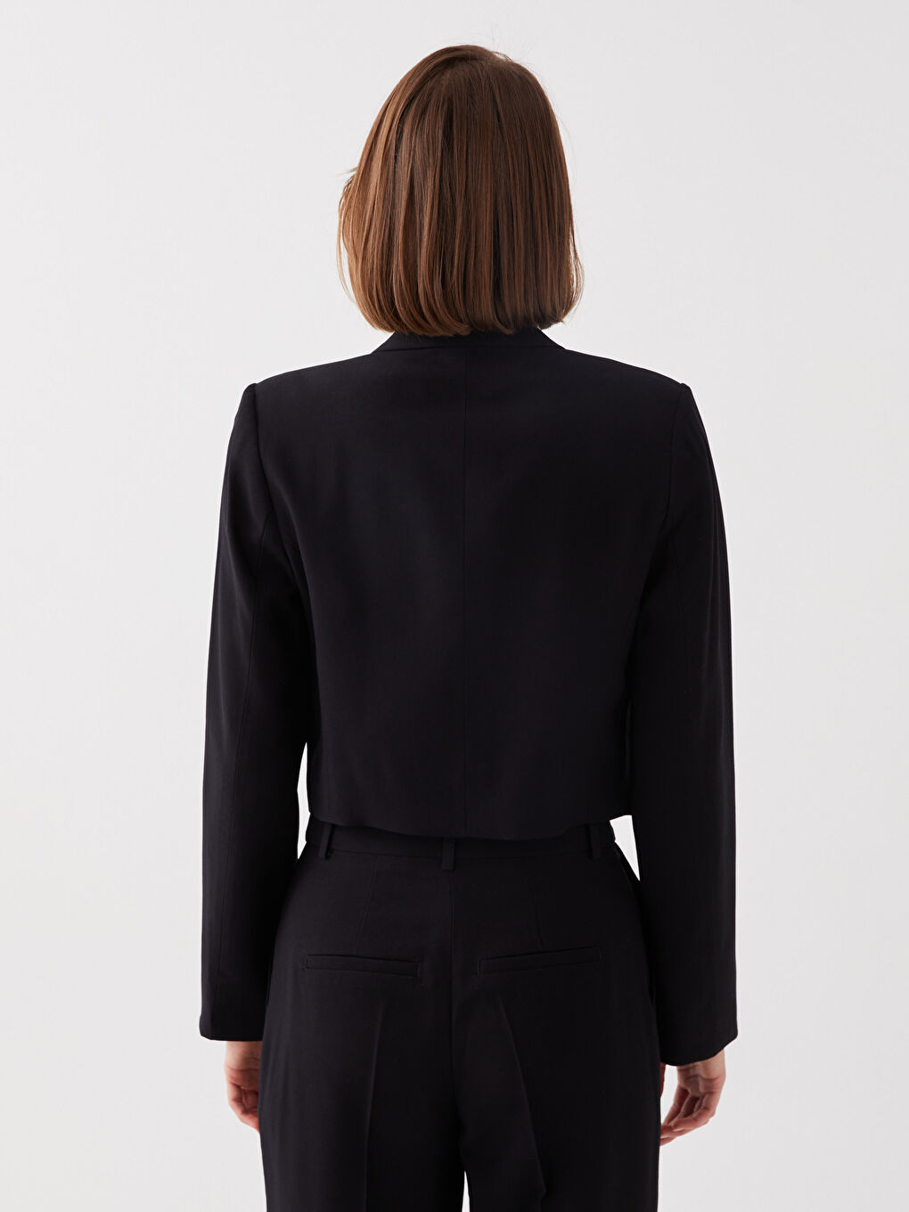Siyah Düz Uzun Kollu Crop Kadın Blazer Ceket-4