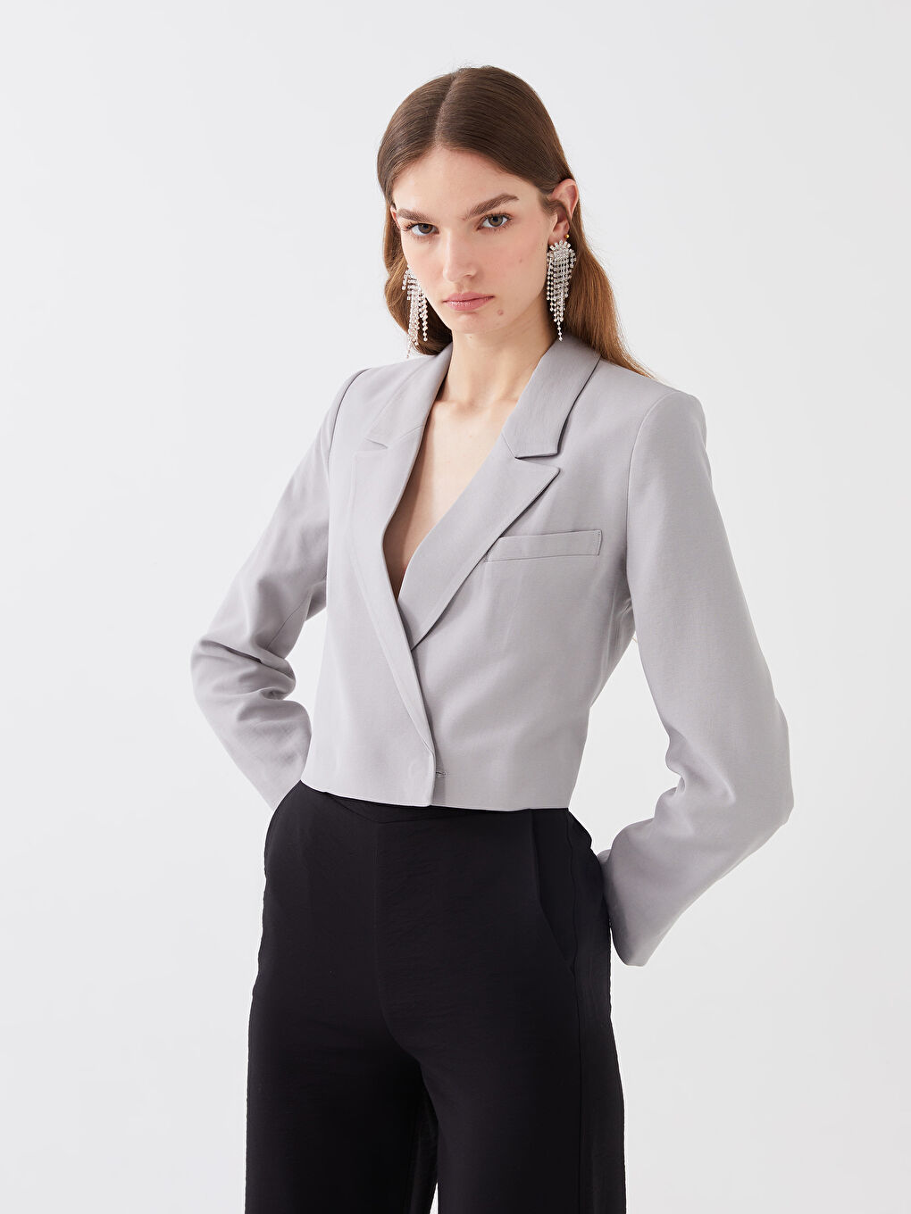 Plain Long Sleeve Crop Women's Blazer Jacket-1
