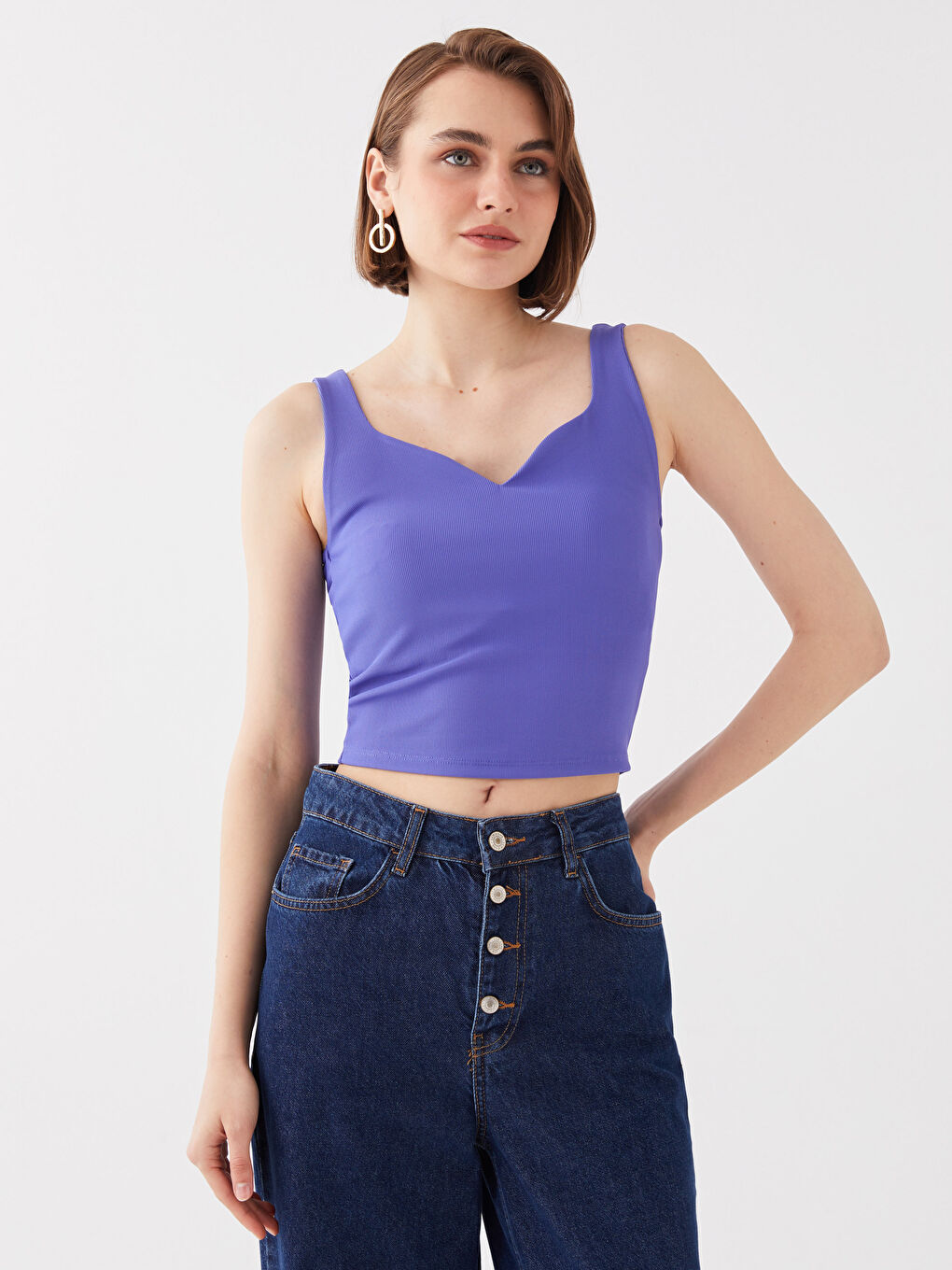 Lila Kalp Yaka Düz Ottoman Kadın Crop-1