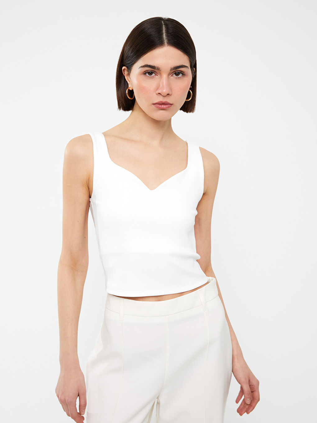 Ekru Kalp Yaka Düz Ottoman Kadın Crop-1