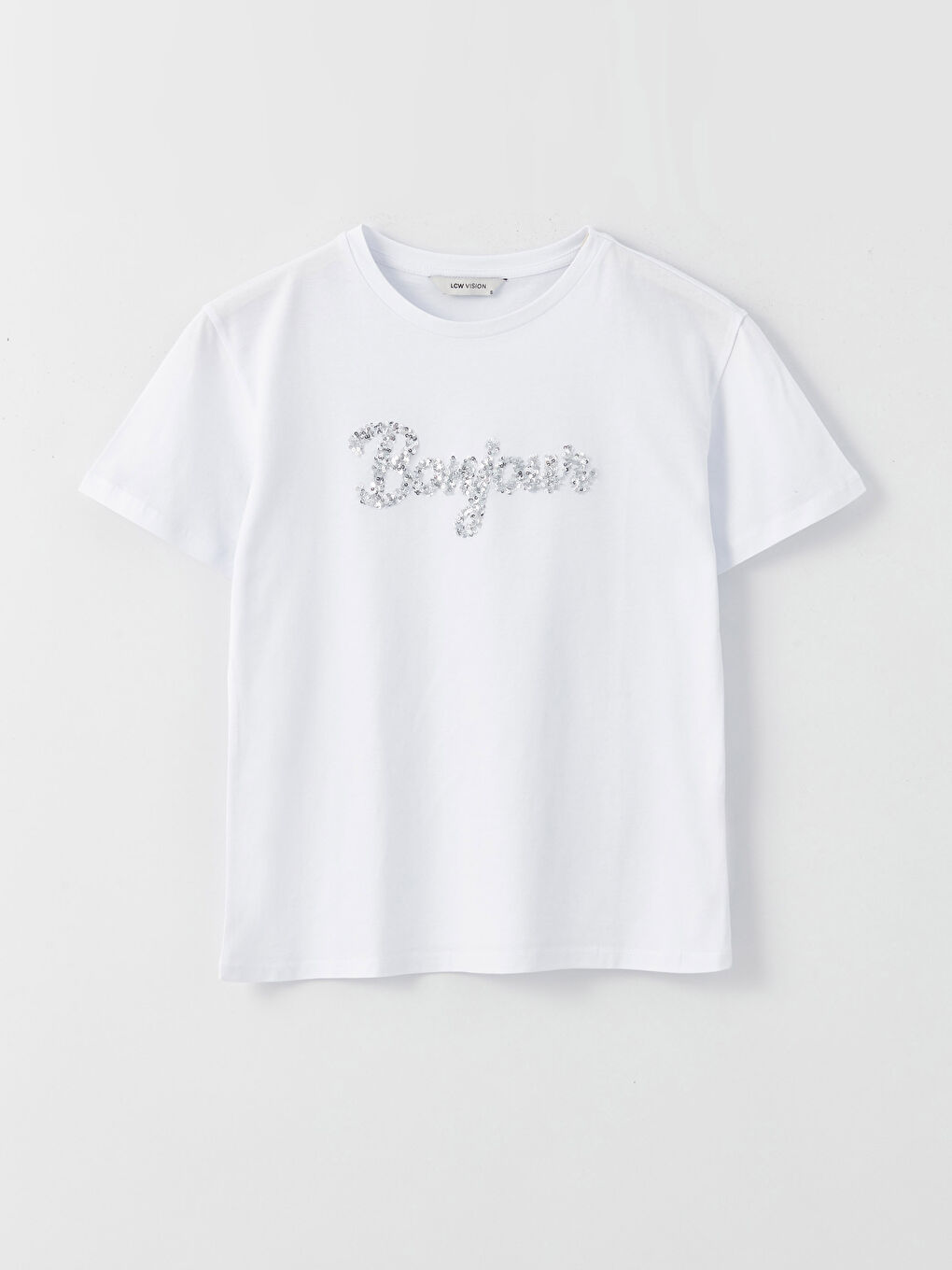 Beyaz Bisiklet Yaka Pul İşlemeli Kısa Kollu Kadın Tişört-6