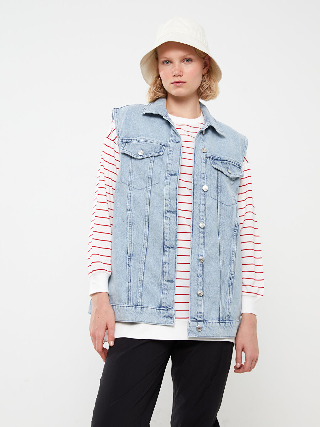 Women's Shirt Collar Plain Jean Vest-1