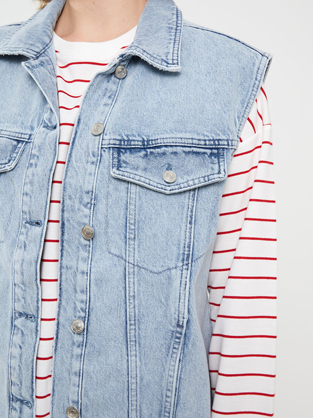 Women's Shirt Collar Plain Jean Vest-3