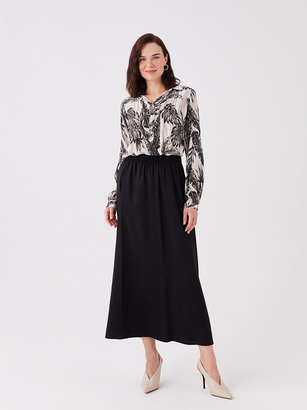 Siyah Kadın Beli Lastikli Düz Etek-1