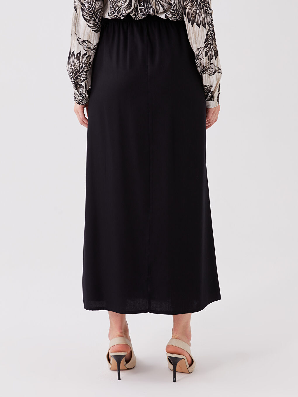 Siyah Kadın Beli Lastikli Düz Etek-3