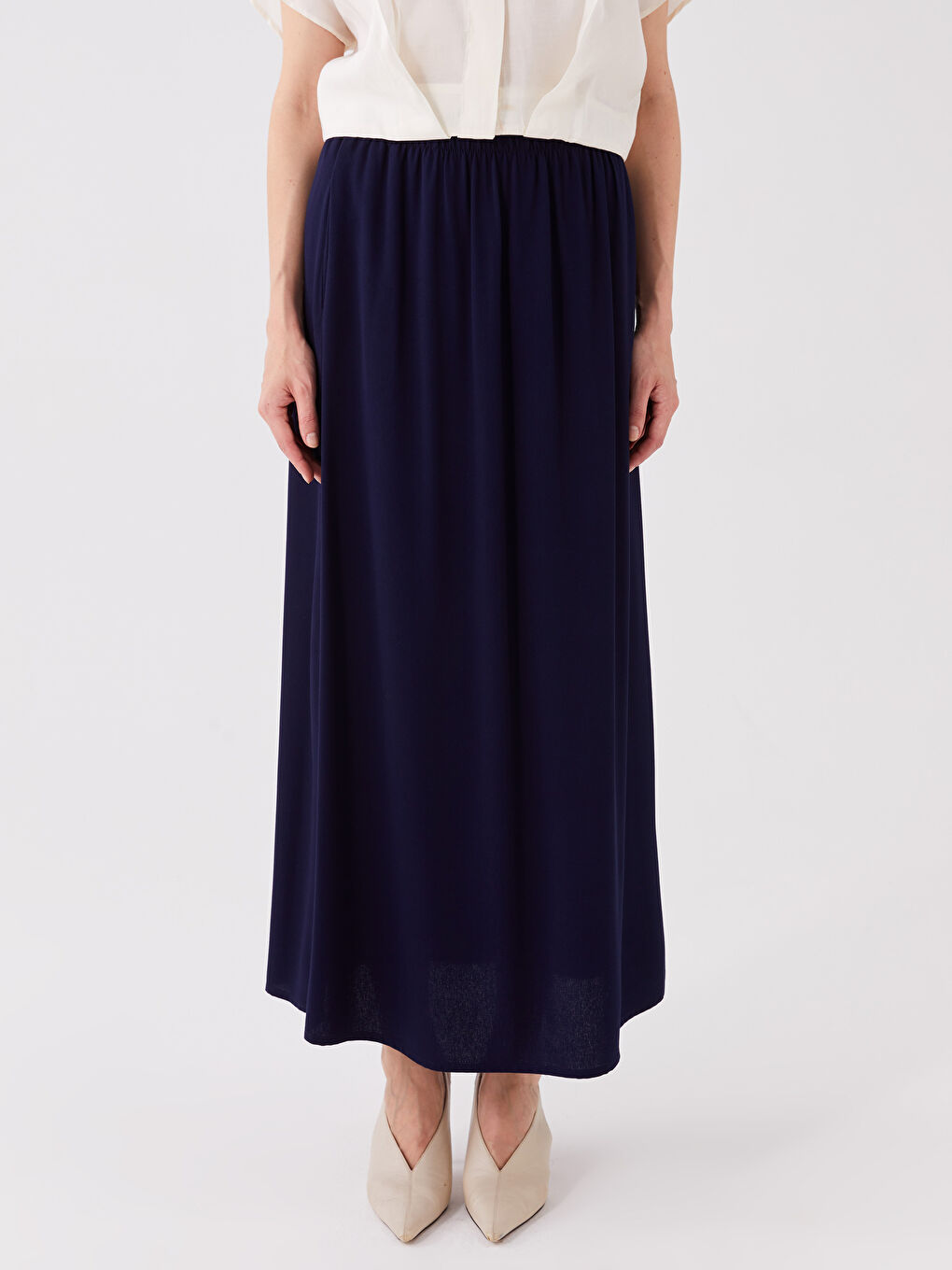 Lacivert Kadın Beli Lastikli Düz Etek-2