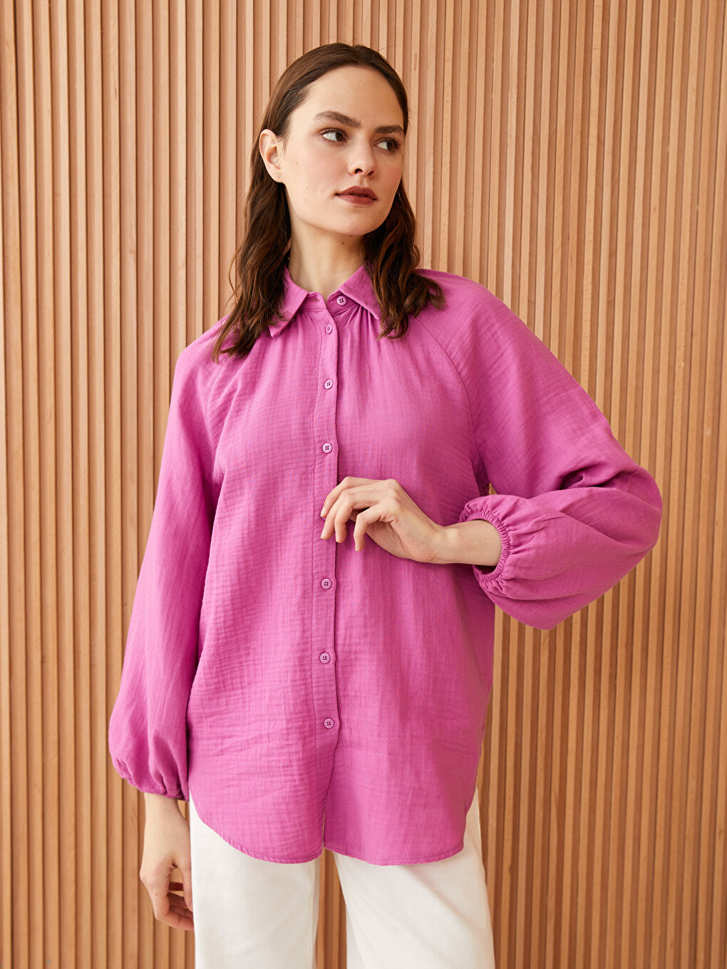 Fuşya Düz Balon Kollu Oversize Müslin Kadın Gömlek-1