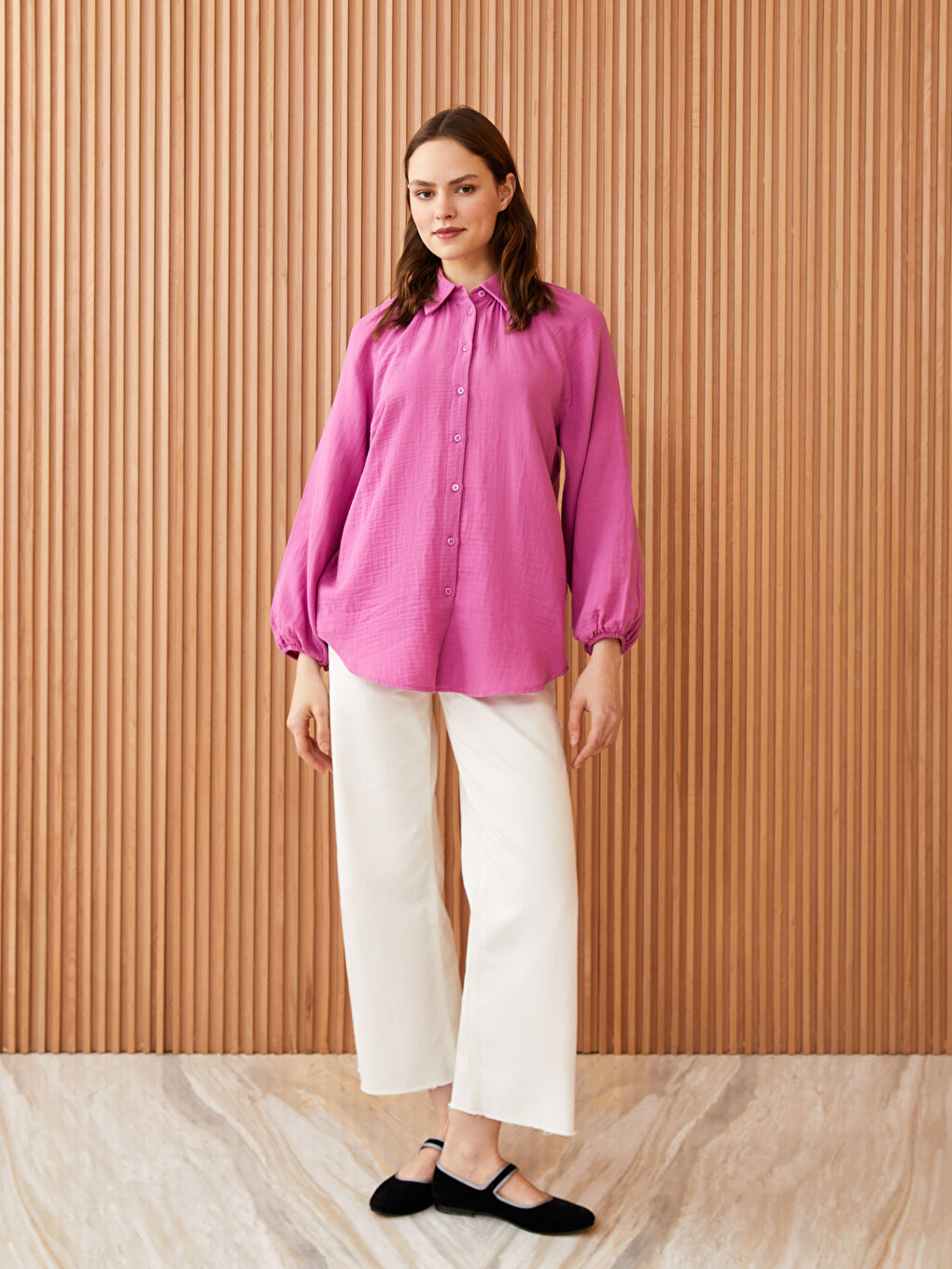 Fuşya Düz Balon Kollu Oversize Müslin Kadın Gömlek-2
