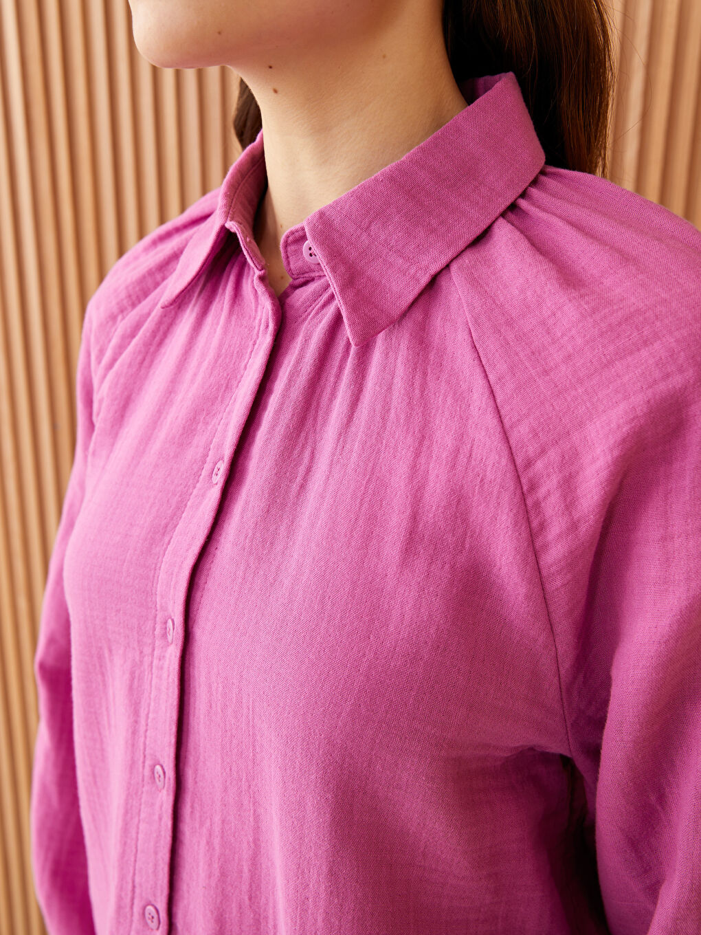 Fuşya Düz Balon Kollu Oversize Müslin Kadın Gömlek-3