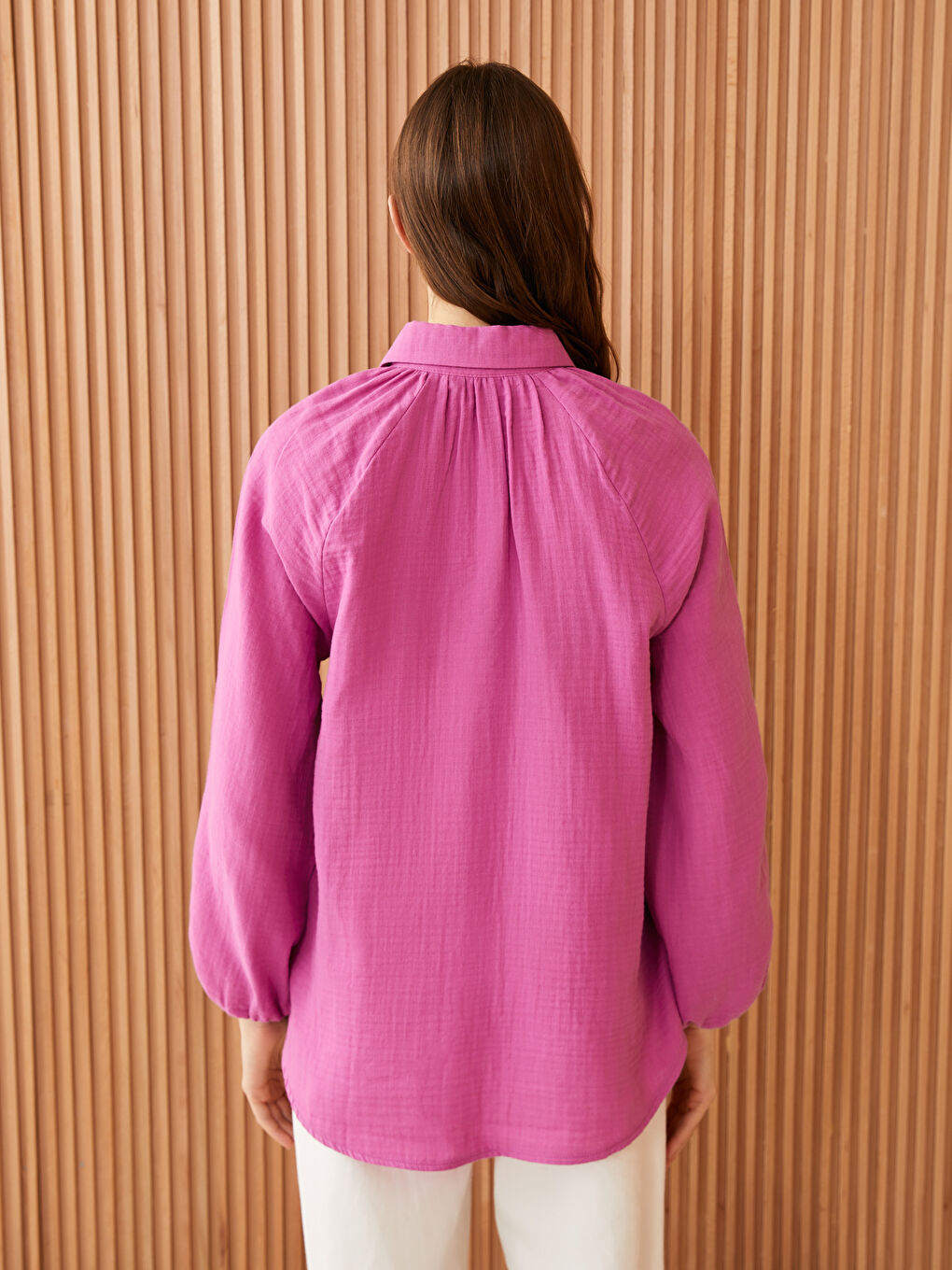 Fuşya Düz Balon Kollu Oversize Müslin Kadın Gömlek-4