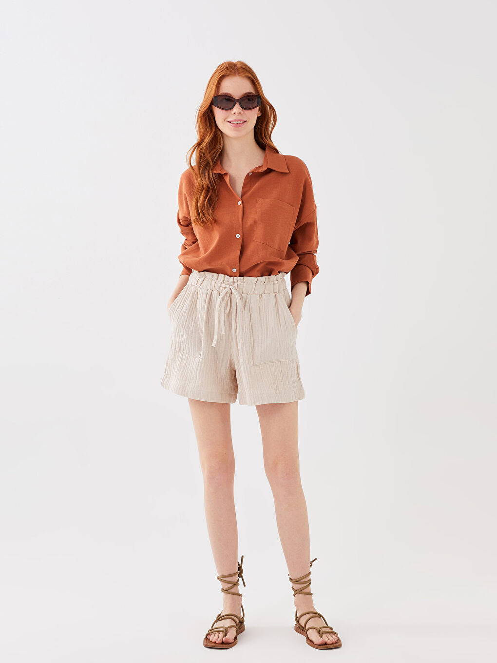 Elastic Waist Comfortable Fit Plain Muslin Women's Shorts -S3GD92Z8-V3X