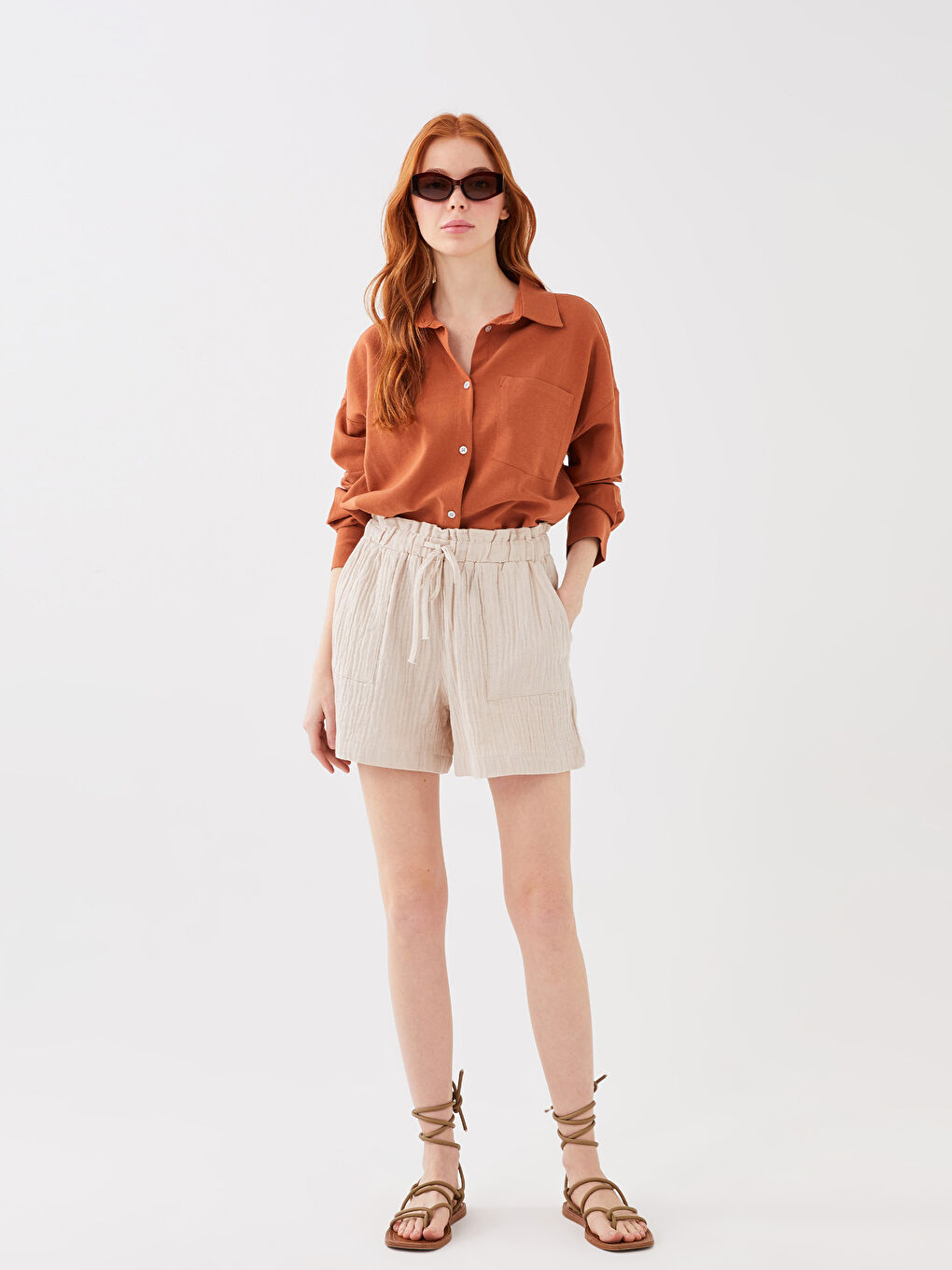 Elastic Waist Comfortable Fit Plain Muslin Women's Shorts -S3GD92Z8-V3X