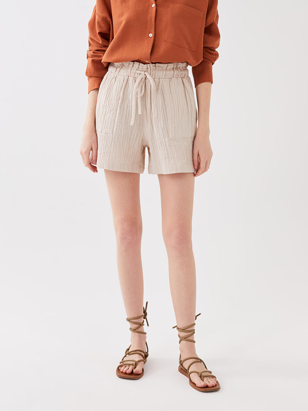 Elastic Waist Comfortable Fit Plain Muslin Women's Shorts -S3GD92Z8-V3X