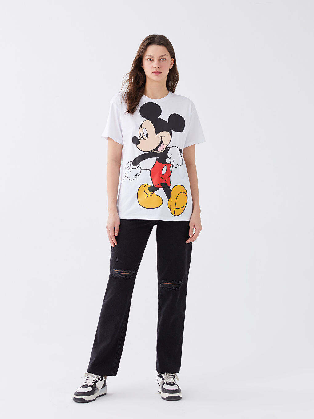 Women's Crew Neck Mickey Mouse Printed T-Shirt-2