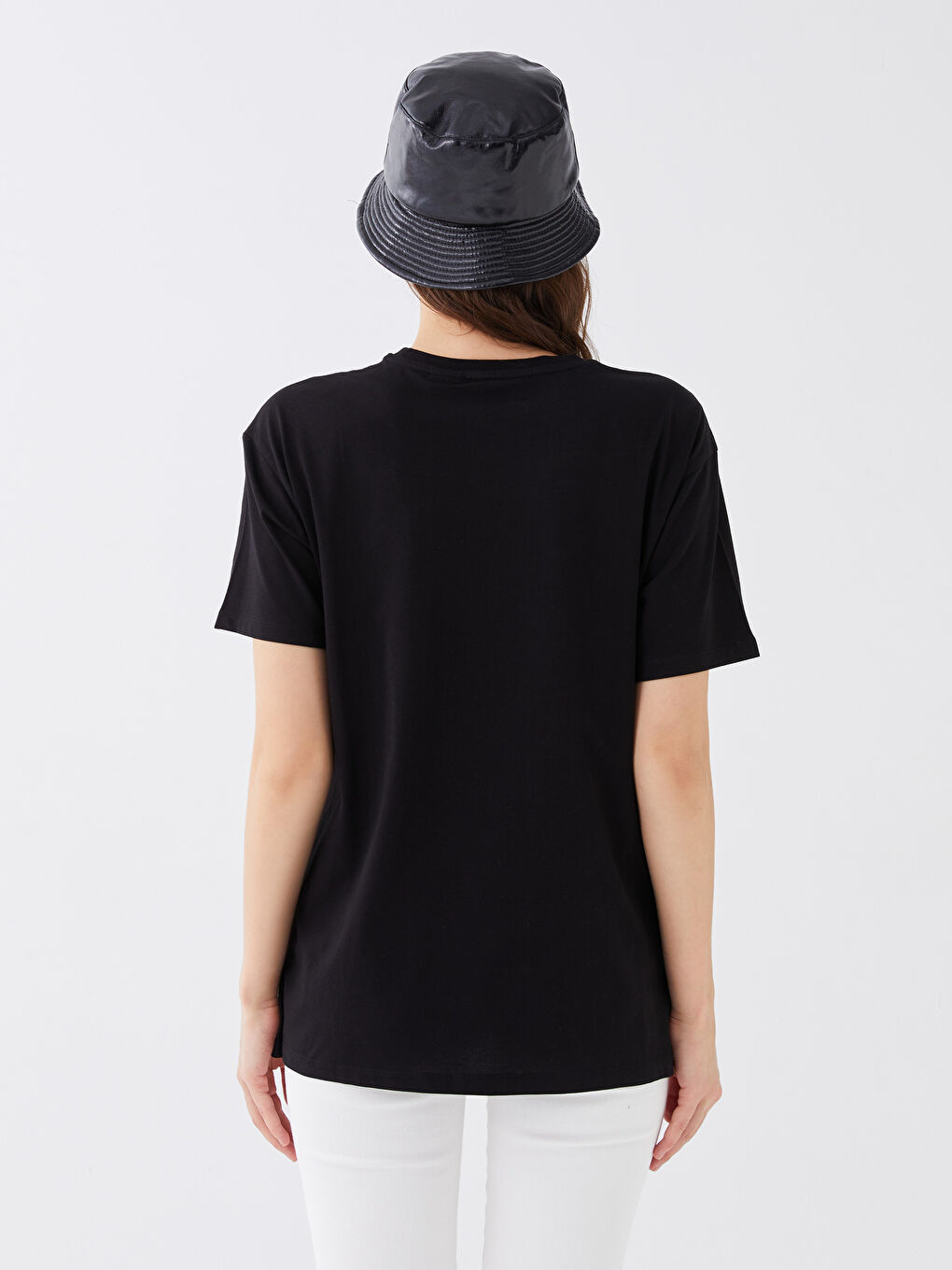 Siyah Kadın Bisiklet Yaka Mickey Mouse Baskılı Tişört-4