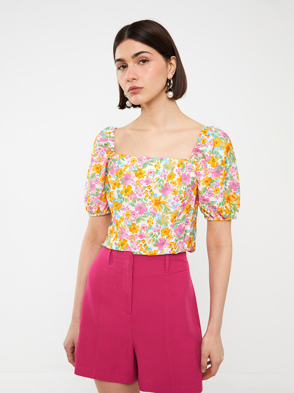 Square Collar Floral Short Sleeve Crop Women's Blouse