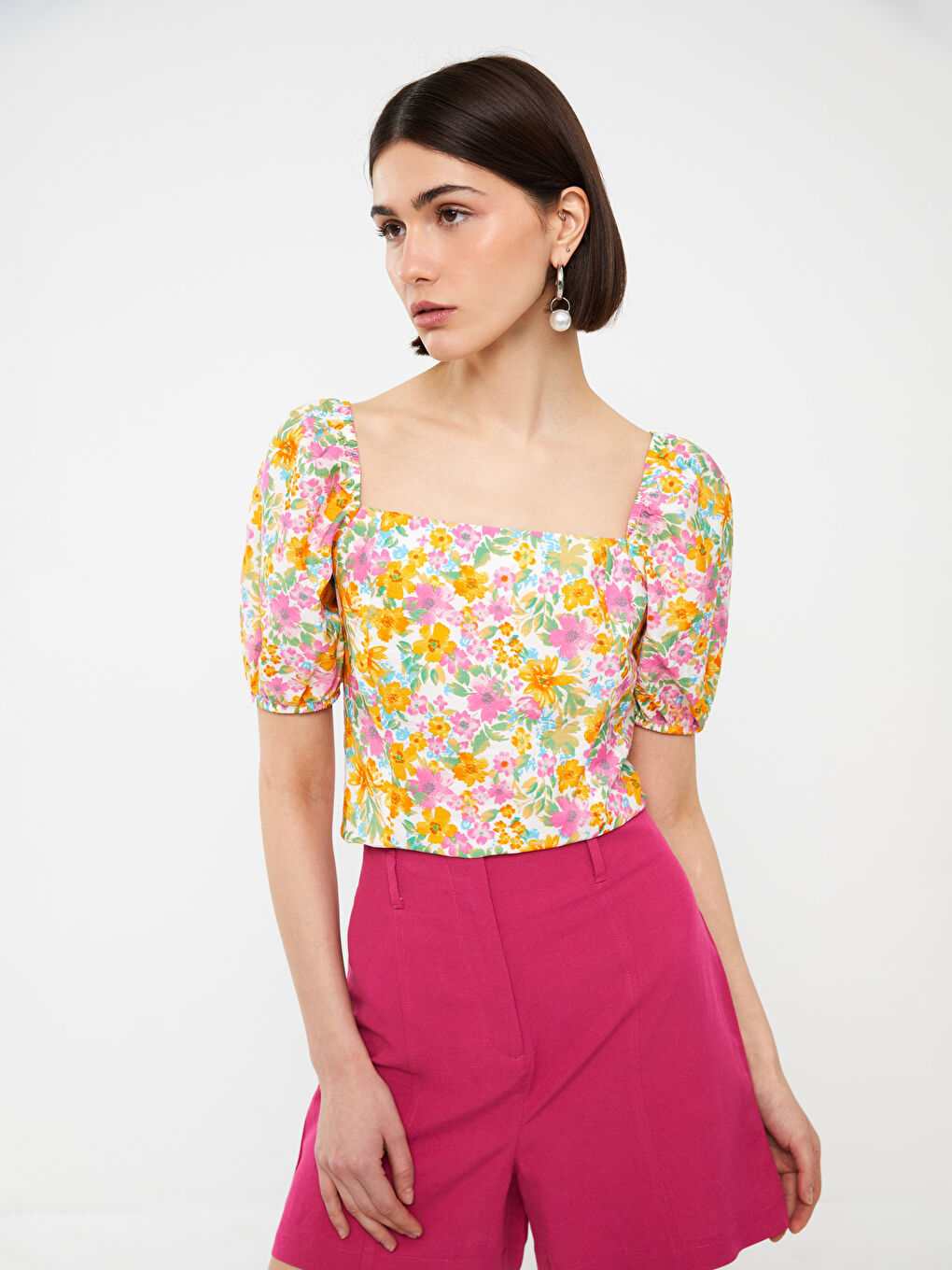 Square Collar Floral Short Sleeve Crop Women's Blouse-1