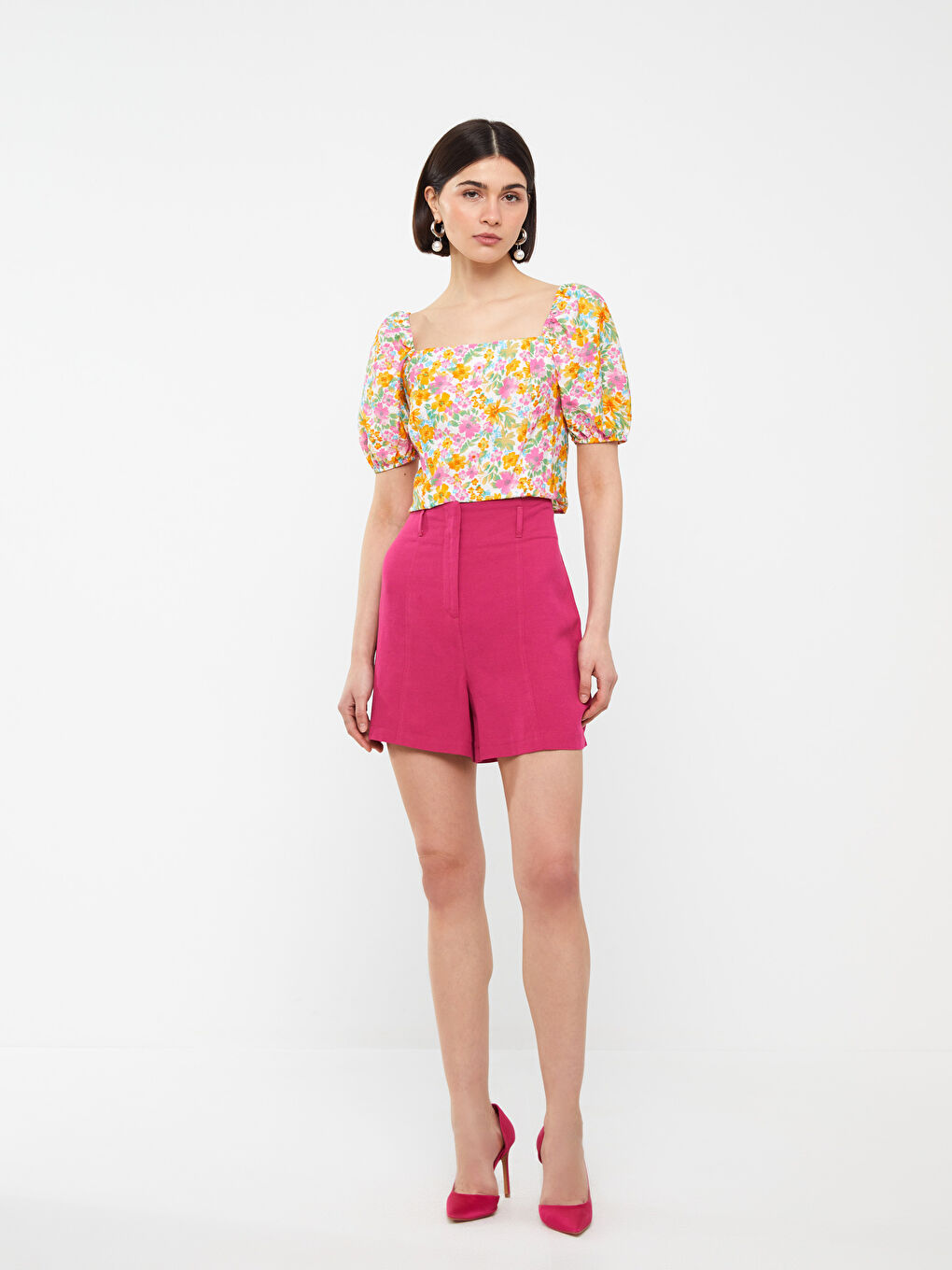 Square Collar Floral Short Sleeve Crop Women's Blouse-2