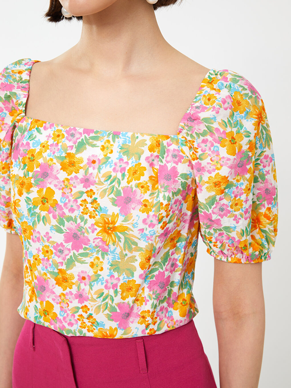 Square Collar Floral Short Sleeve Crop Women's Blouse-3