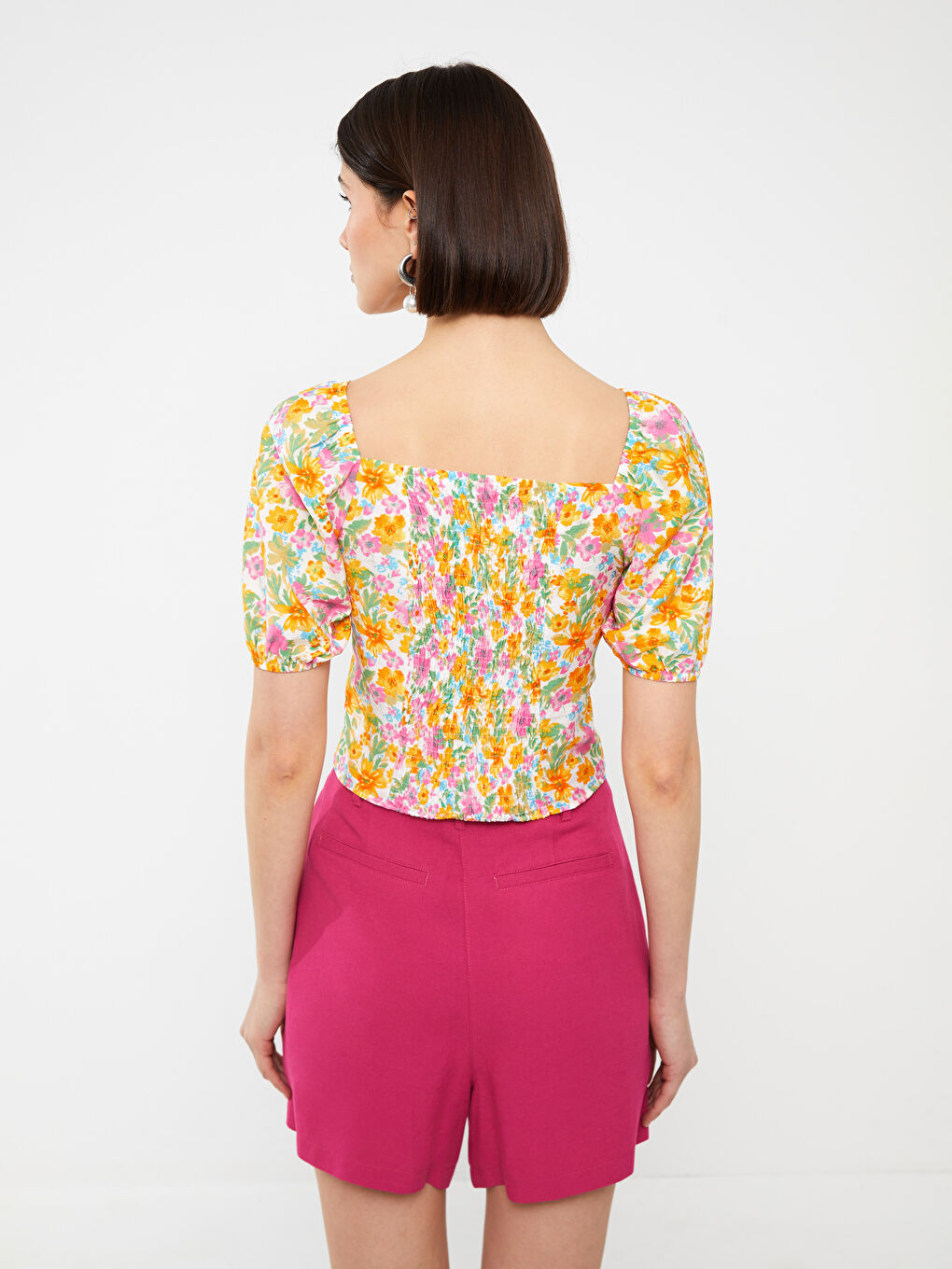 Square Collar Floral Short Sleeve Crop Women's Blouse-4