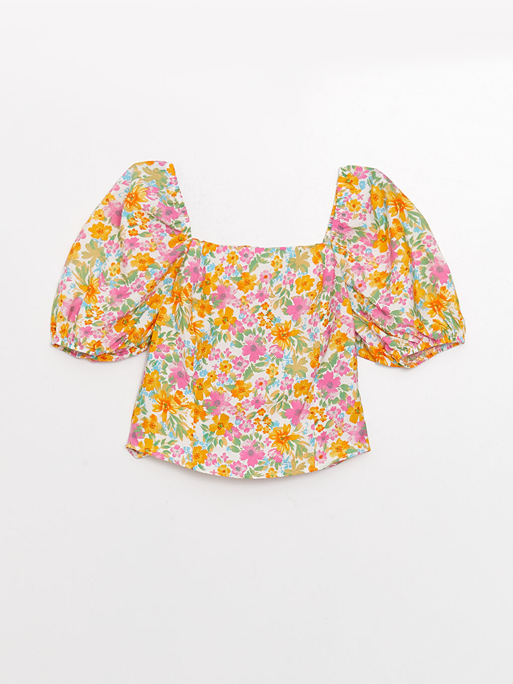 Square Collar Floral Short Sleeve Crop Women's Blouse-5