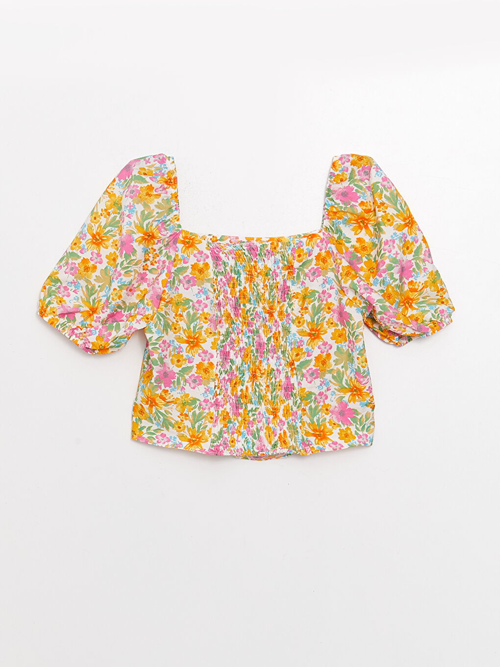 Square Collar Floral Short Sleeve Crop Women's Blouse-6