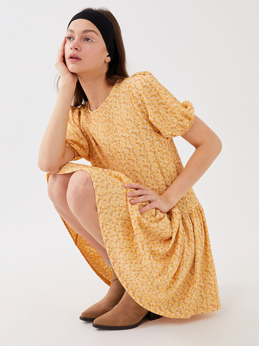 Sarı Bisiklet Yaka Desenli Kısa Kollu Kadın Elbise Anne Kız Kombini-1