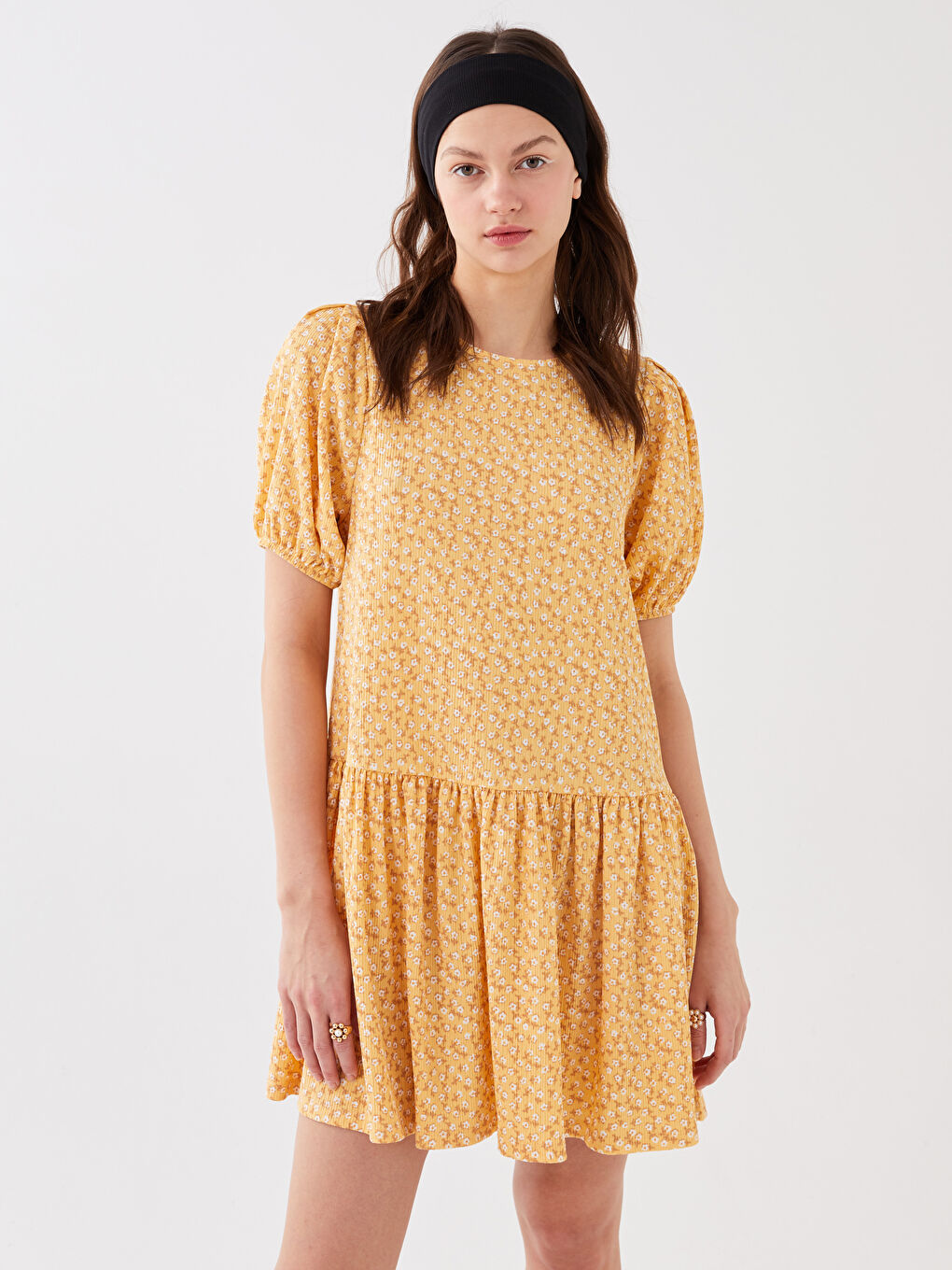 Sarı Bisiklet Yaka Desenli Kısa Kollu Kadın Elbise Anne Kız Kombini-3