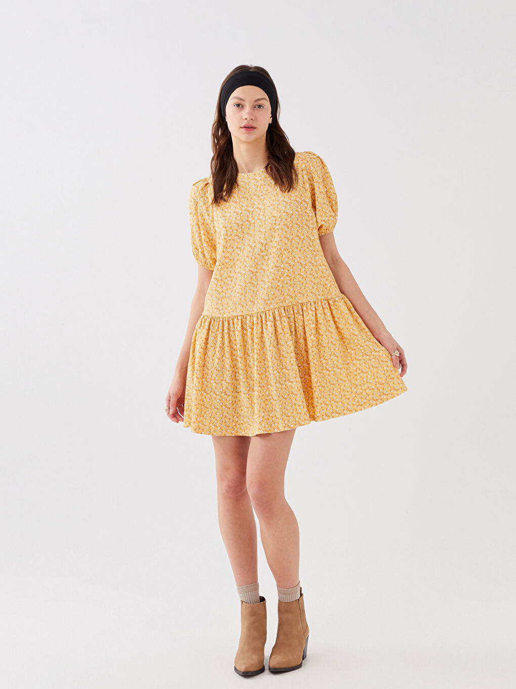 Sarı Bisiklet Yaka Desenli Kısa Kollu Kadın Elbise Anne Kız Kombini-5