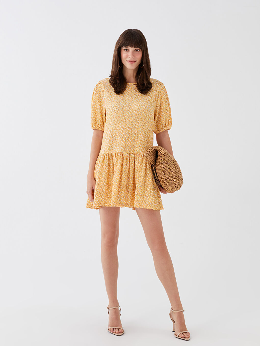 Sarı Bisiklet Yaka Desenli Kısa Kollu Kadın Elbise Anne Kız Kombini-2