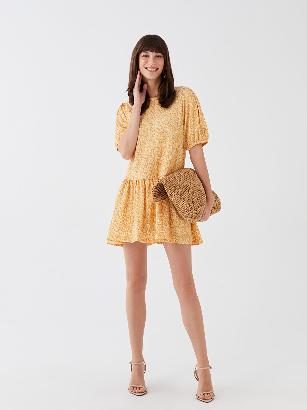 Sarı Bisiklet Yaka Desenli Kısa Kollu Kadın Elbise Anne Kız Kombini-4