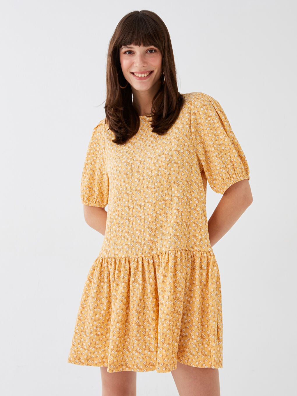 Sarı Bisiklet Yaka Desenli Kısa Kollu Kadın Elbise Anne Kız Kombini-6