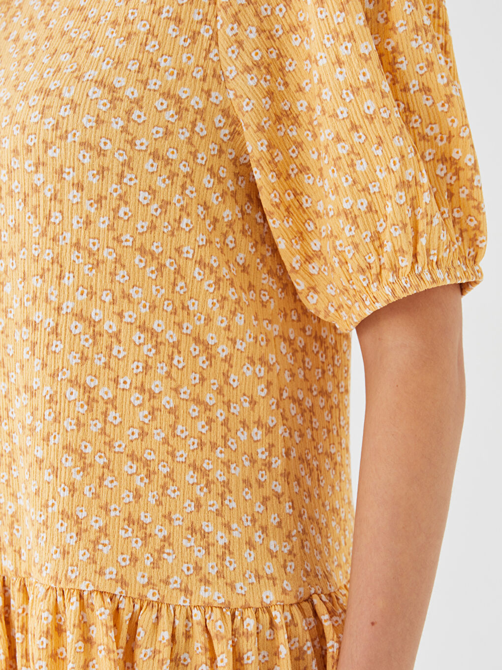 Sarı Bisiklet Yaka Desenli Kısa Kollu Kadın Elbise Anne Kız Kombini-8