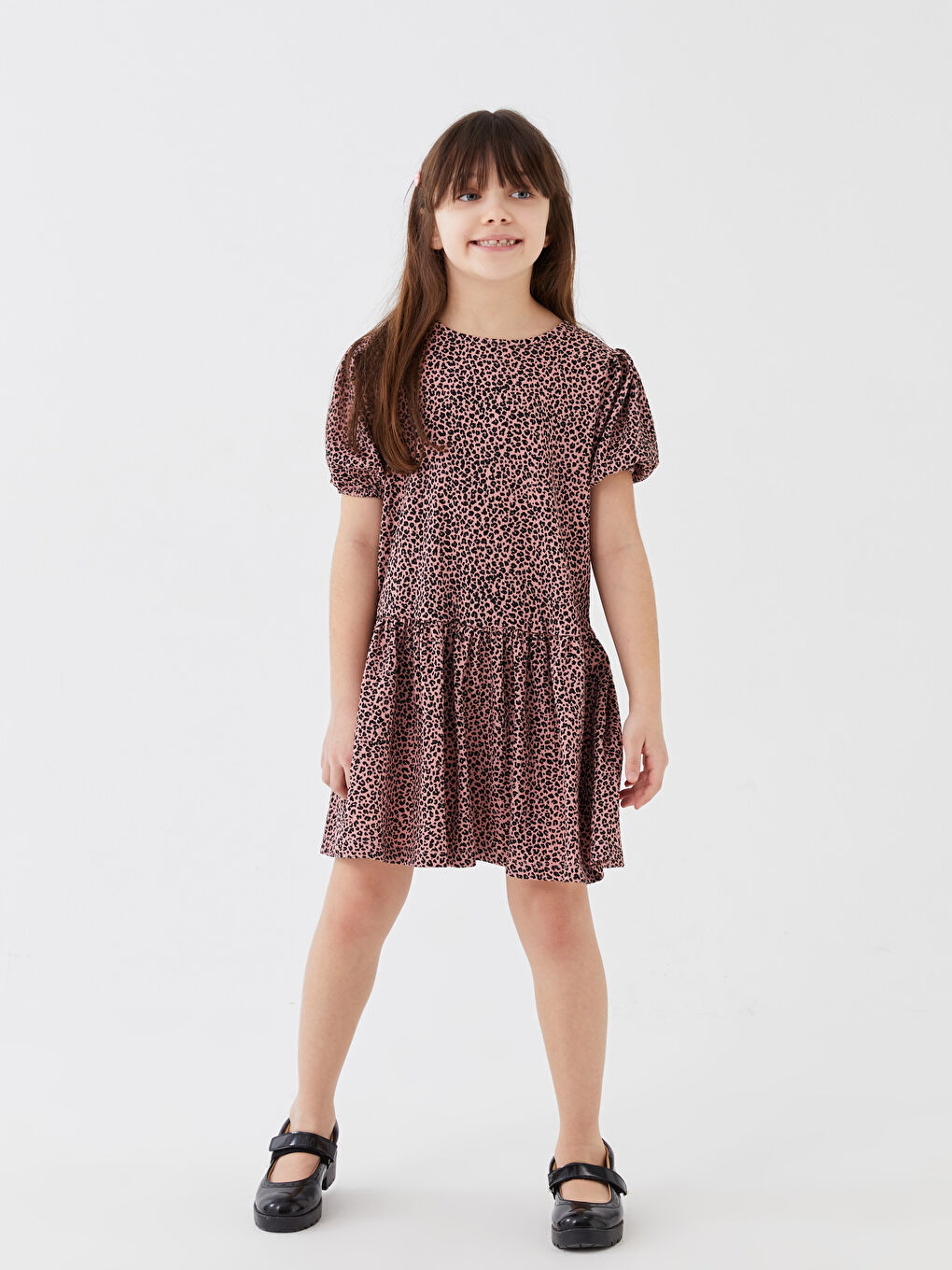 Pembe Bisiklet Yaka Desenli Kısa Kollu Kız Çocuk Elbise Anne Kız Kombini-1