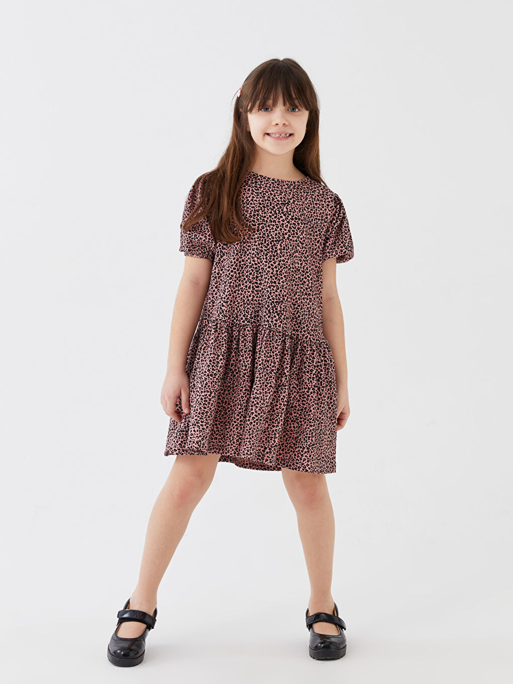 Pembe Bisiklet Yaka Desenli Kısa Kollu Kız Çocuk Elbise Anne Kız Kombini-3