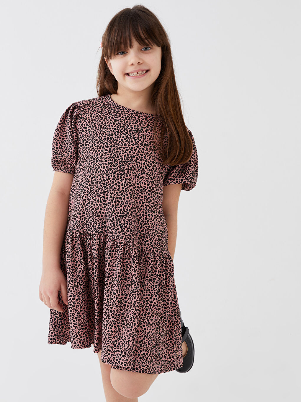 Pembe Bisiklet Yaka Desenli Kısa Kollu Kız Çocuk Elbise Anne Kız Kombini-4