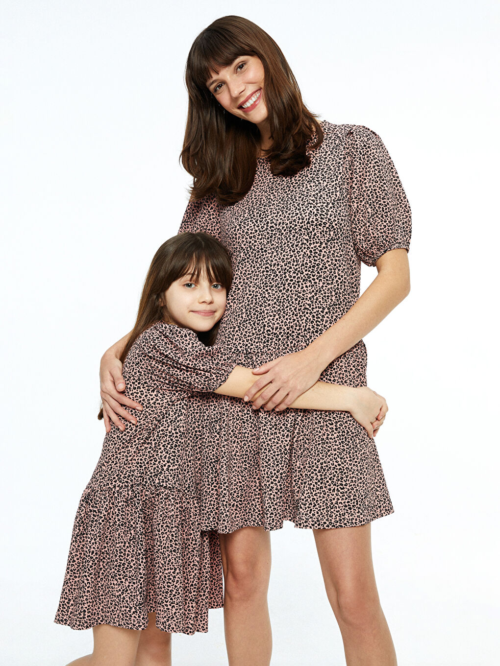 Pembe Bisiklet Yaka Desenli Kısa Kollu Kız Çocuk Elbise Anne Kız Kombini