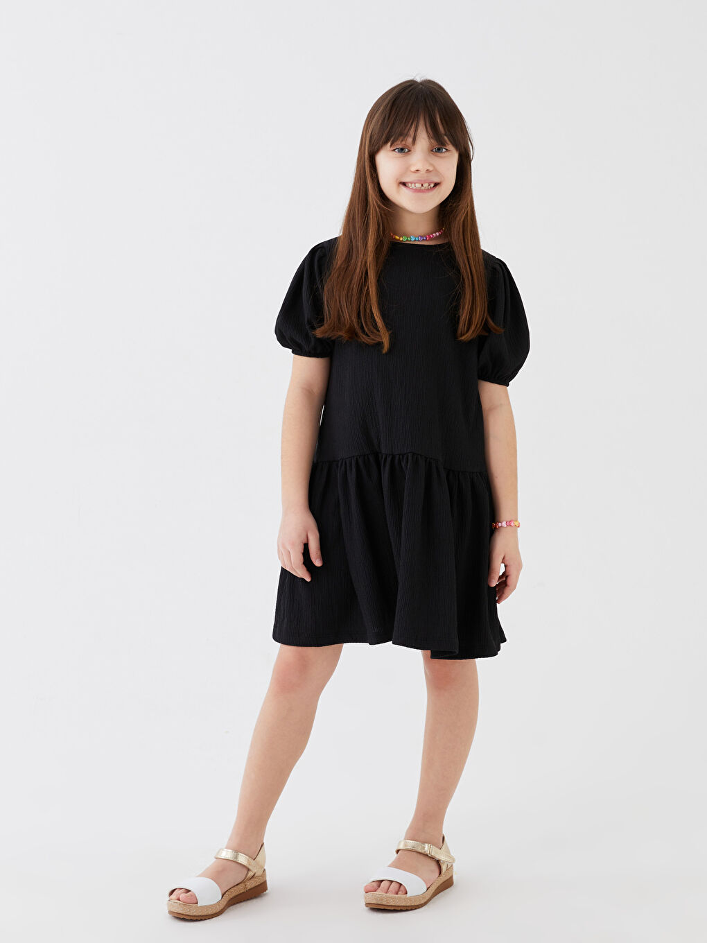 Siyah Bisiklet Yaka Basic Kısa Kollu Kız Çocuk Elbise Anne Kız Kombini-2