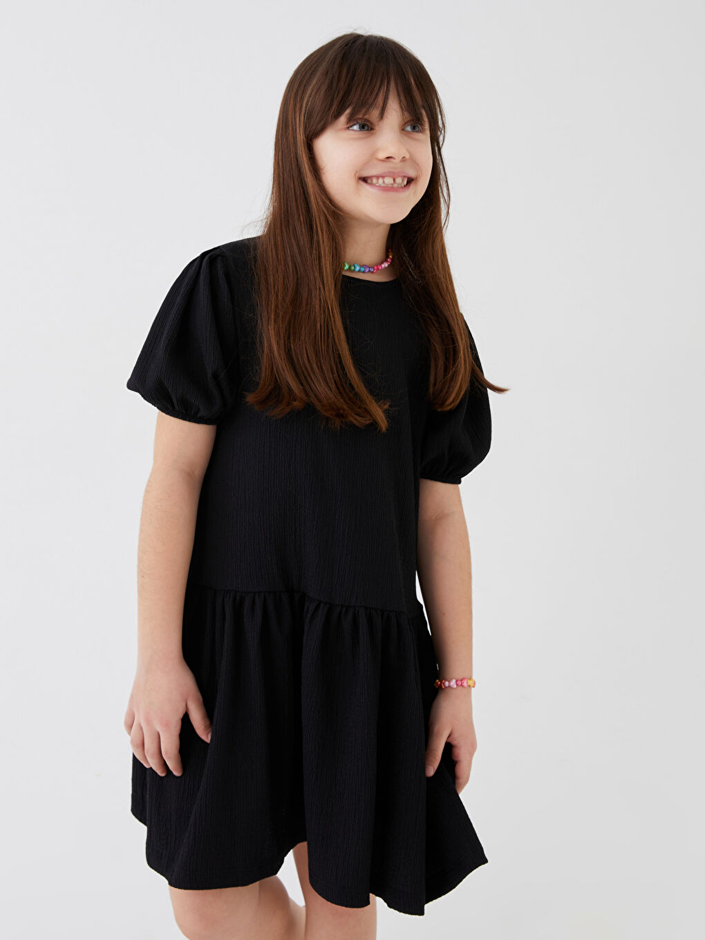 Siyah Bisiklet Yaka Basic Kısa Kollu Kız Çocuk Elbise Anne Kız Kombini-4