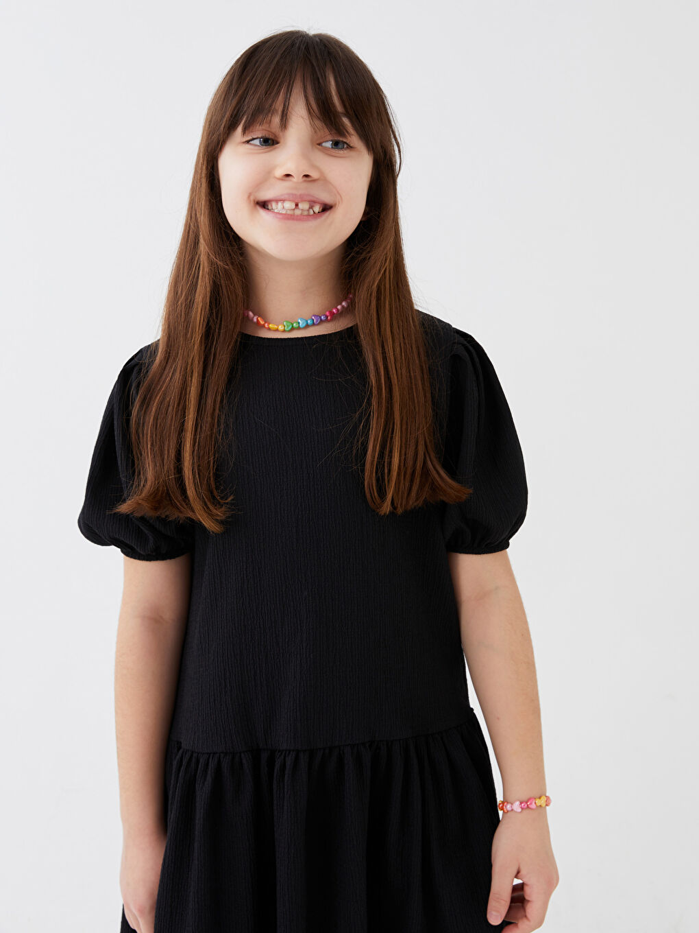 Siyah Bisiklet Yaka Basic Kısa Kollu Kız Çocuk Elbise Anne Kız Kombini-6